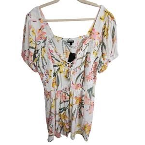 Torrid Top Babydoll Top Floral Blouse Women 2X White Puff Sleeve Blouse NEW